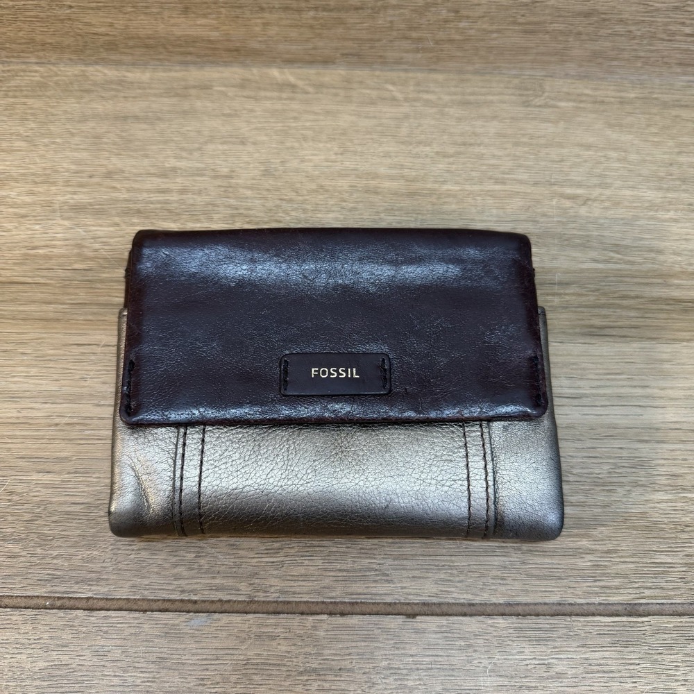 FOSSIL Leather Multifunction ELLIS Modified Tri-Fold Card Coin WALLET Gold Brown